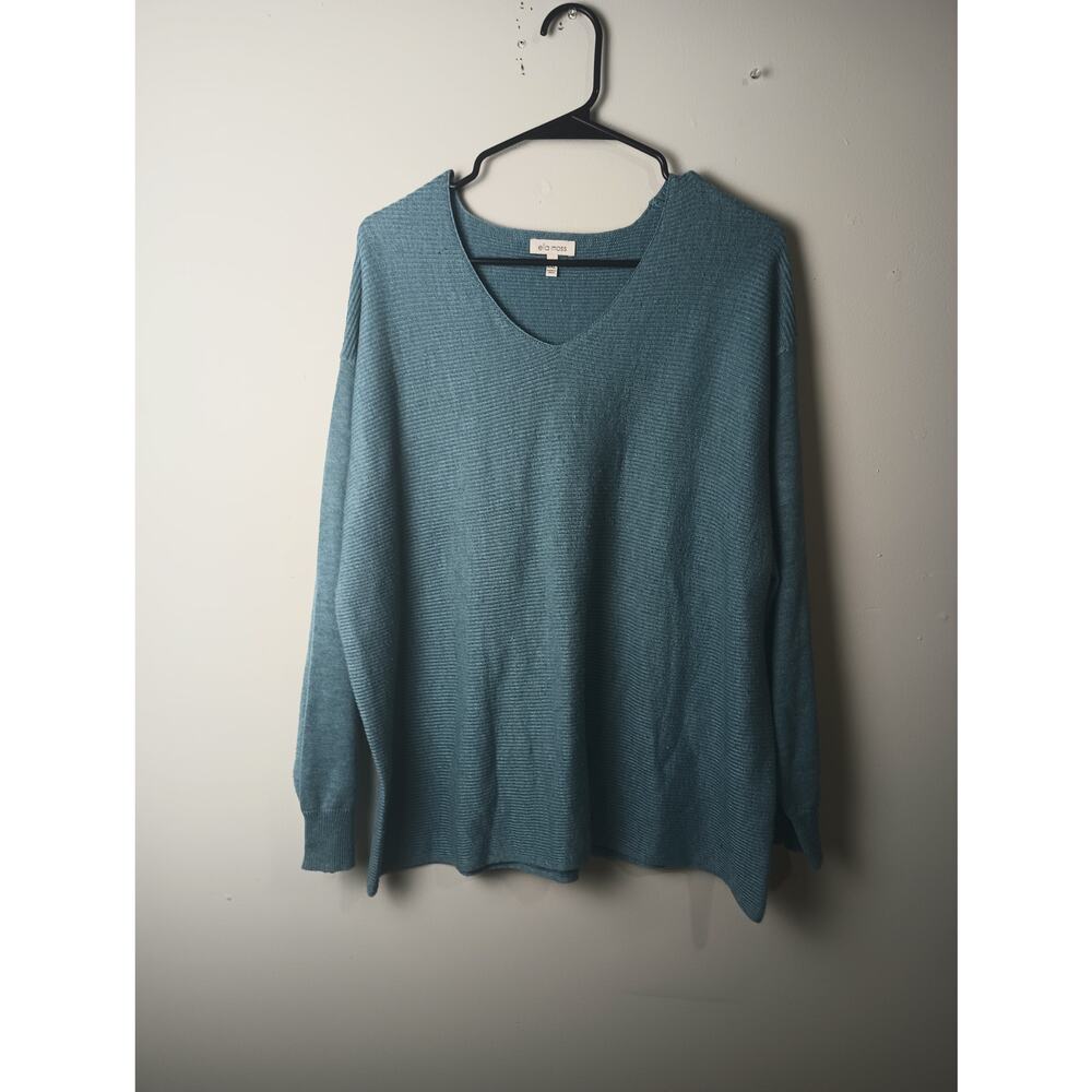 Ella Moss Womens XXL Blue Ribbed V-Neck Pullover Sweater Long Sleeve Knit‎ Top